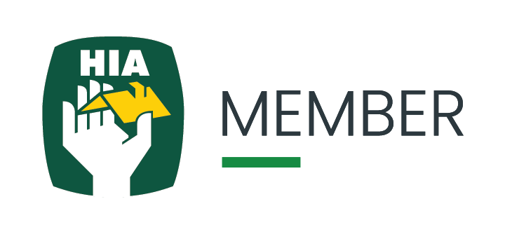 HIA member logo with a white hand holding a yellow house icon inside a green shield shape, next to the word MEMBER.