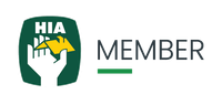 HIA member logo with a white hand holding a yellow house icon inside a green shield shape, next to the word MEMBER.