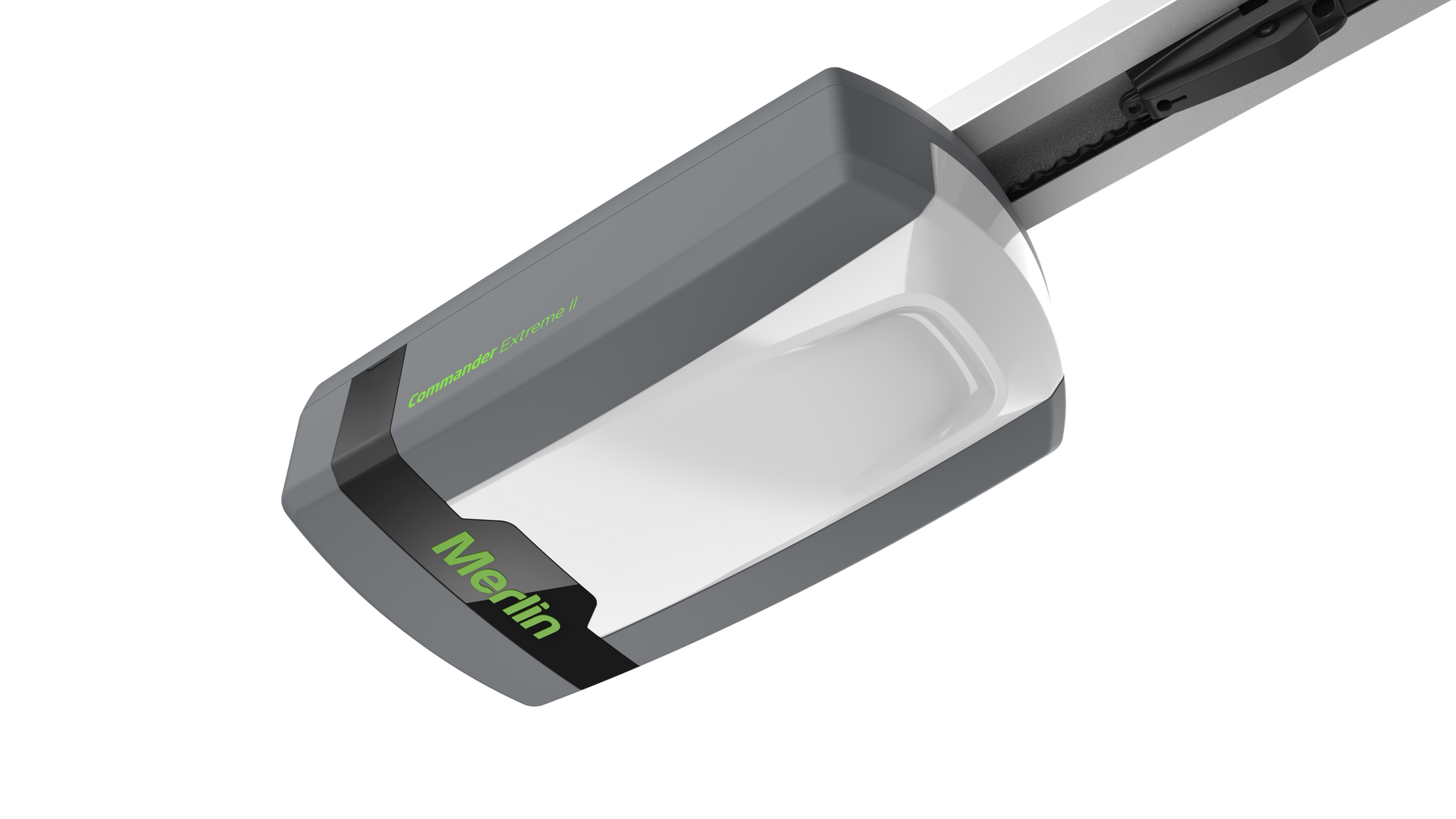 Gray and white Merlin garage door opener with green label.