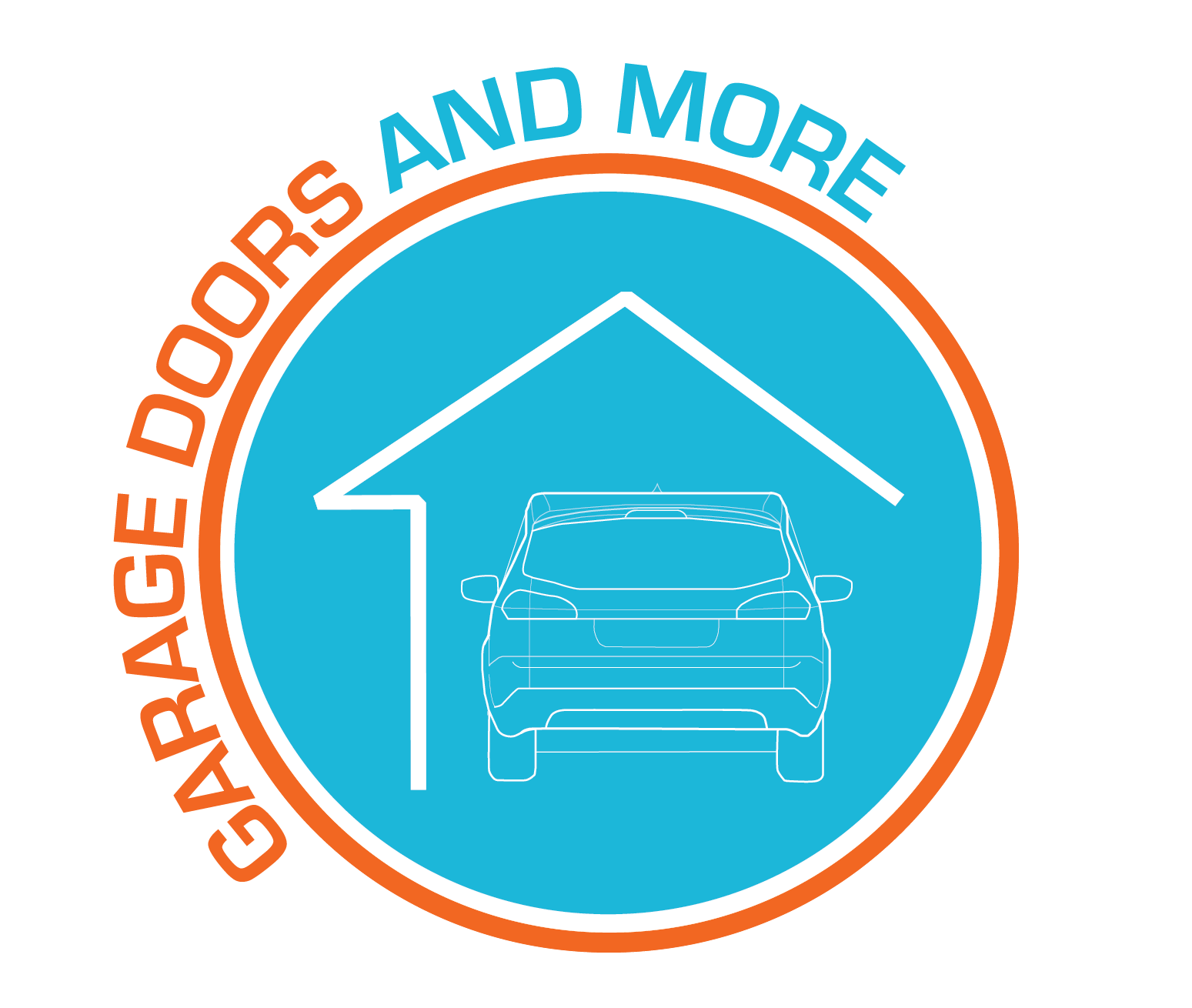 A logo for garage doors and more with a car in a garage.
