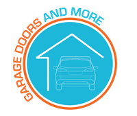 A logo for garage doors and more with a car in a garage.