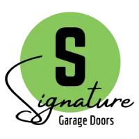 The logo for signature garage doors is green and black
