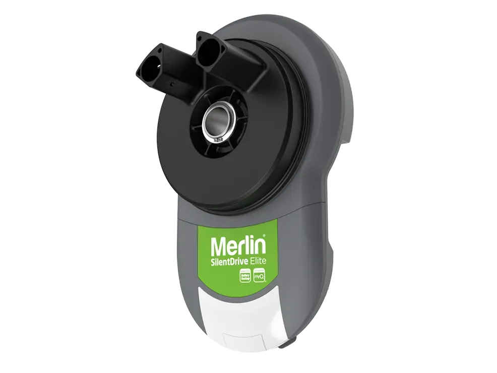 Gray and white Merlin garage door opener with green label.