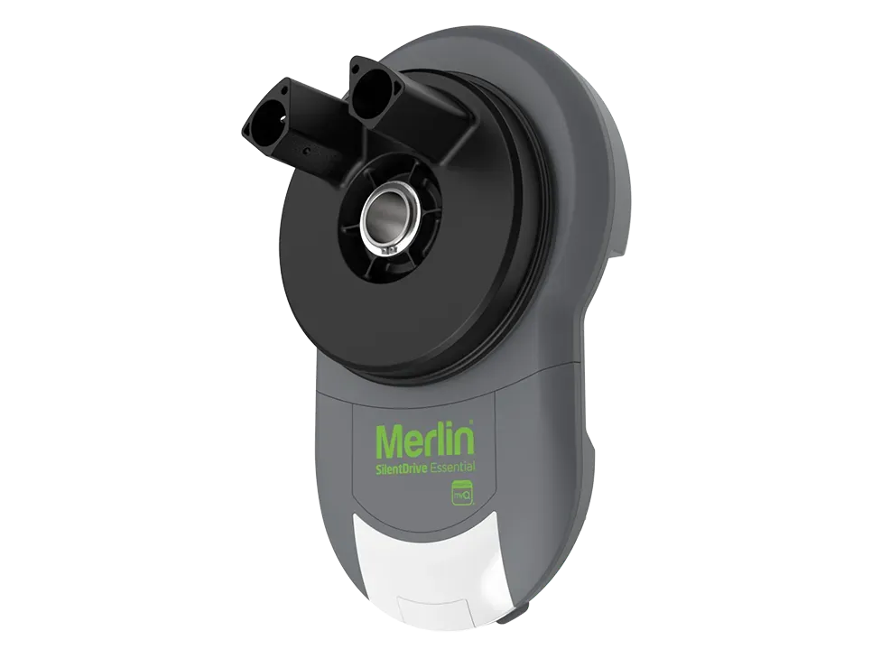 Gray and white Merlin garage door opener with green label.