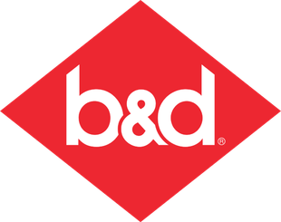 A red and white b & d logo on a white background