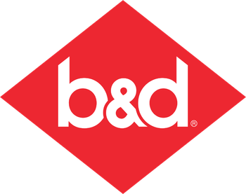 A red and white b & d logo on a white background