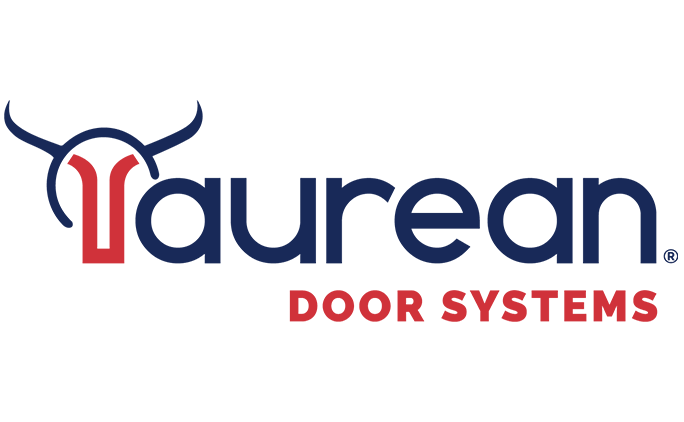 Logo for Taurean Door Systems. The name appears in a dark blue font with a red 