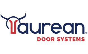 Logo for Taurean Door Systems. The name appears in a dark blue font with a red 