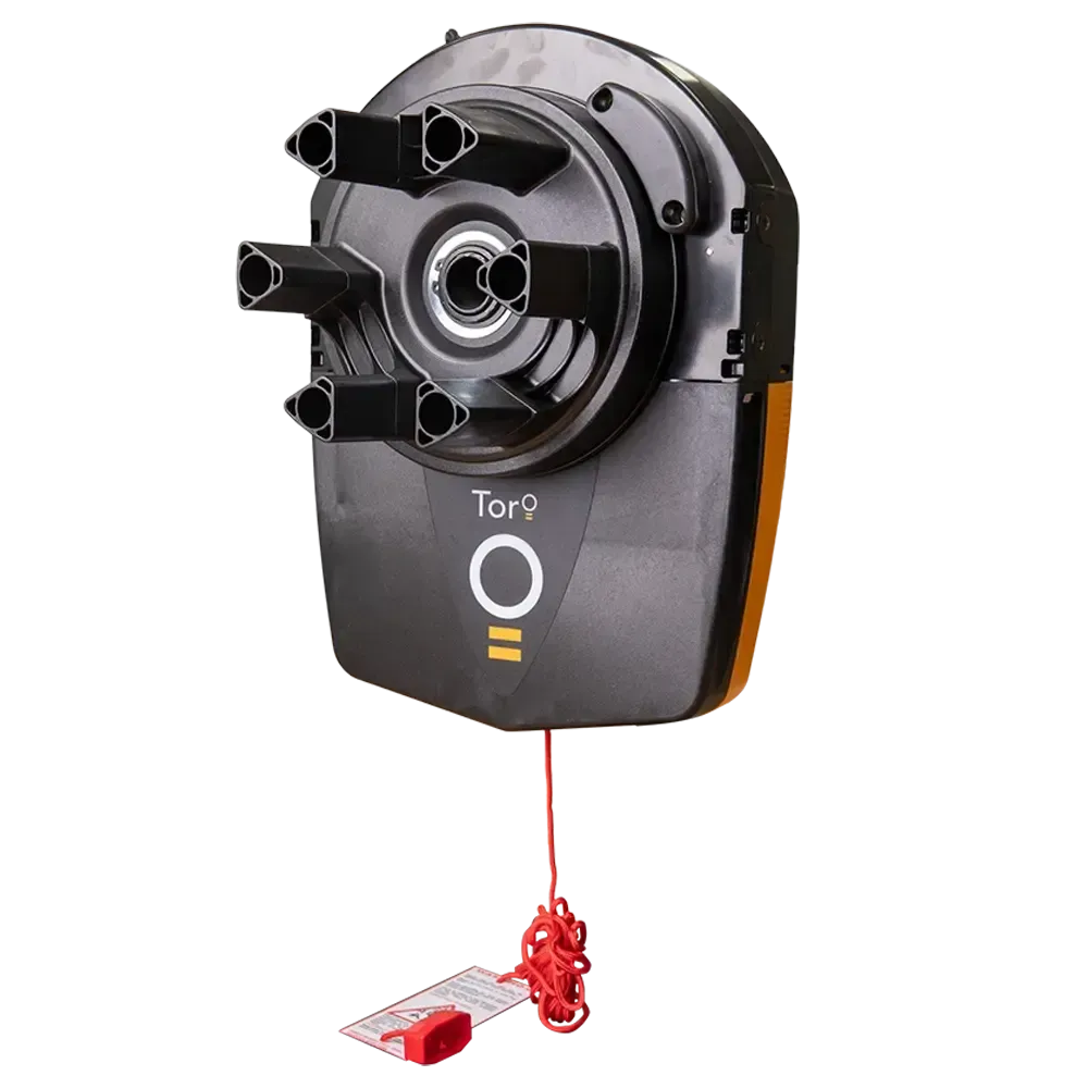 Black and orange Torq garage door opener with a red emergency release cord.