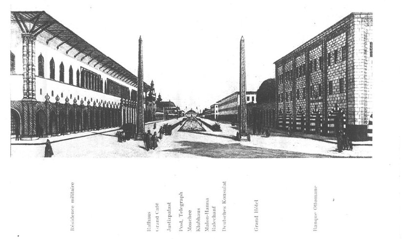 Résidence militaire / Rathaus / Grand Café / Justizpalast / Post, Telegraph / Moschee / Klubhaus ﻿﻿﻿ Malon-Hanna / Ralechanf / Deutsches Konsulat / Grand Hôtel / Banque Ottomane