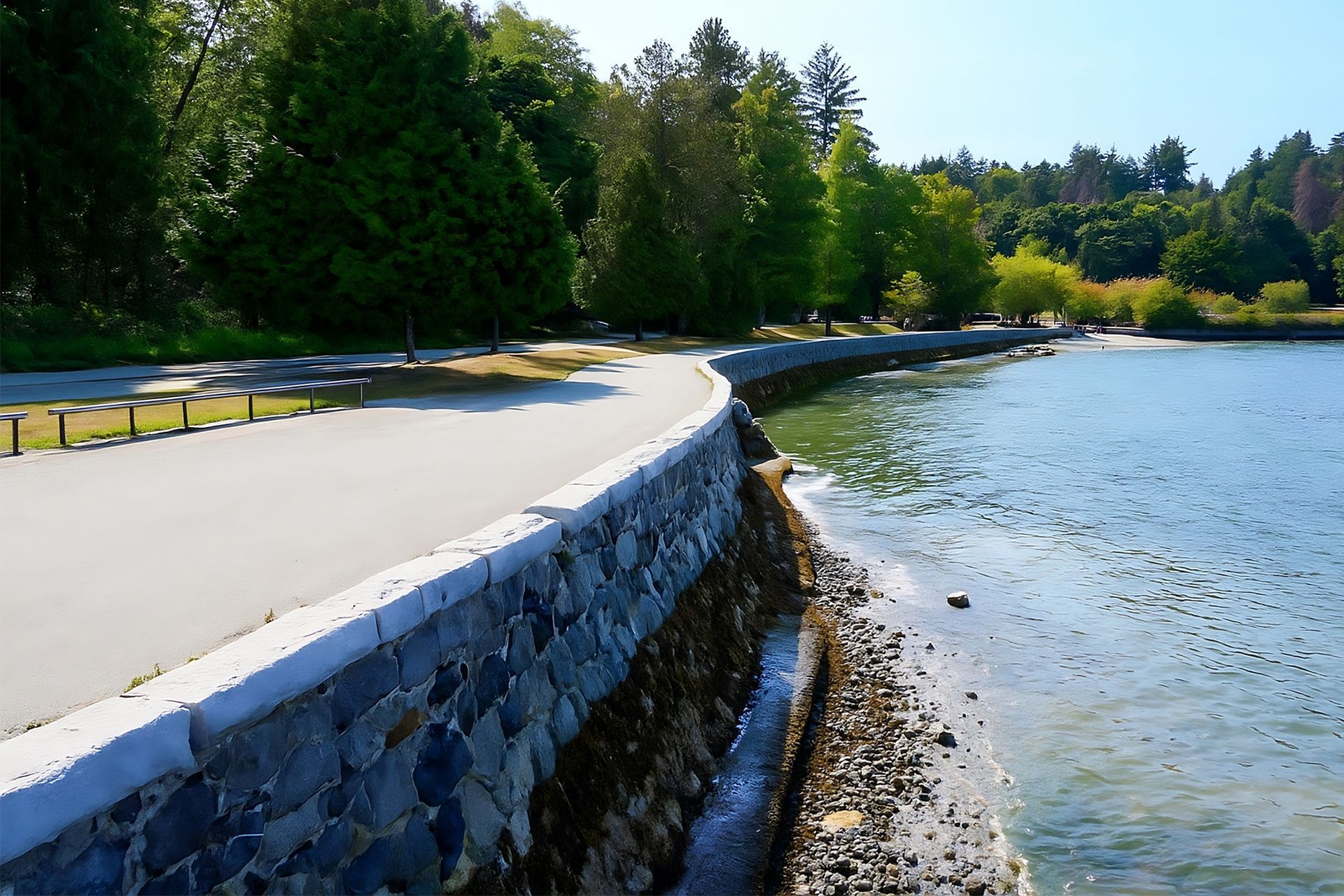 Paved path along a shoreline with a stone wall, trees, and water.