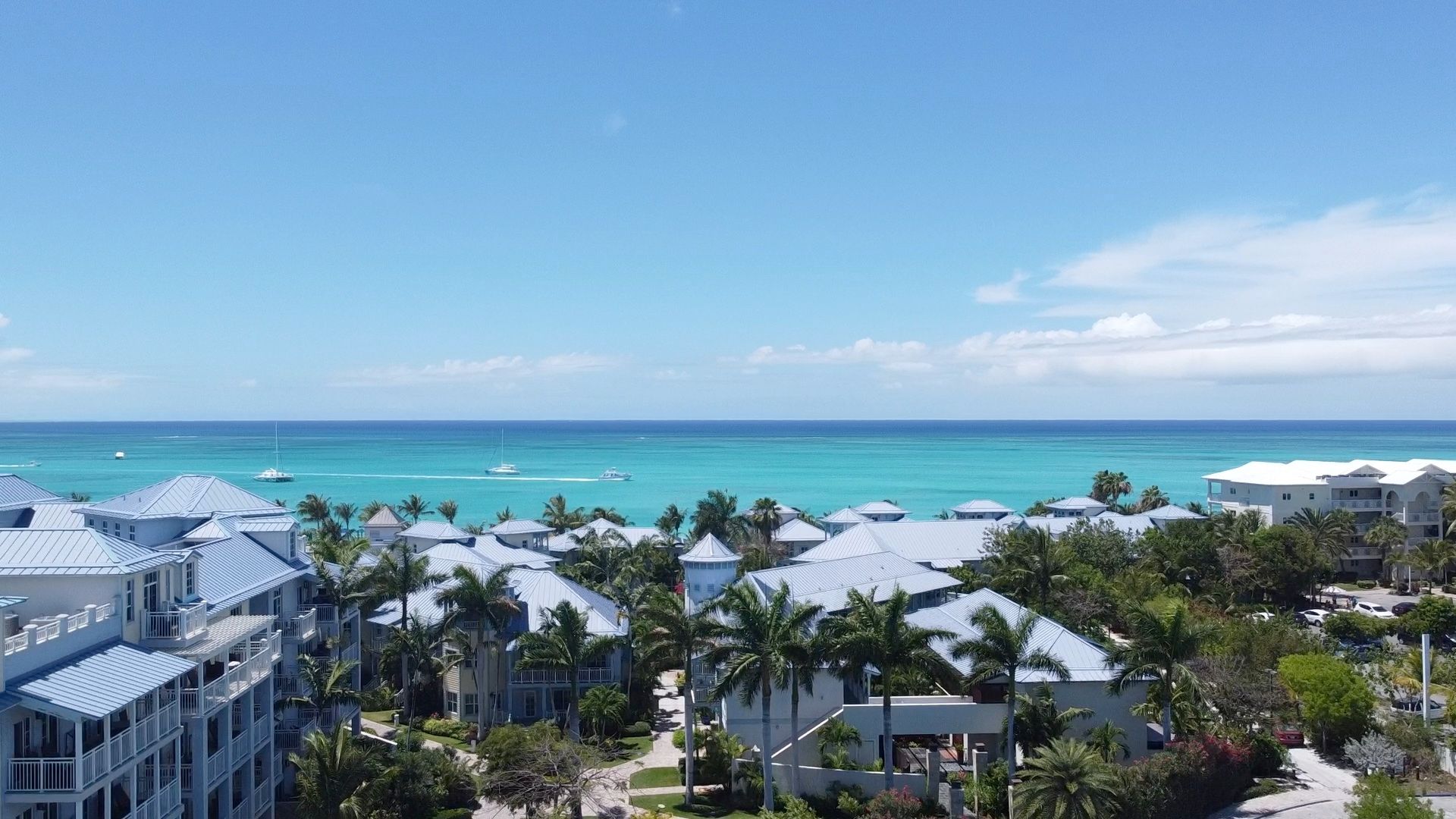 Resort buildings with blue roofs and palm trees face the turquoise ocean under a bright blue sky.