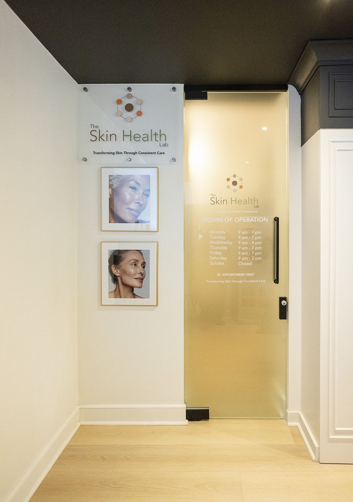 Interior design of Skin Health Lab retail area on Locke Street Hamilton featuring custom shelving and a calming neutral palette.