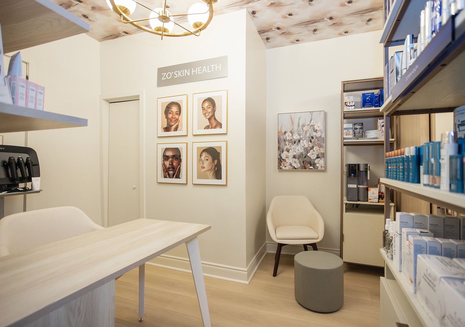 Interior design of Skin Health Lab retail area on Locke Street Hamilton featuring custom shelving and a calming neutral palette.