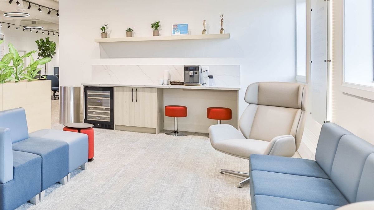 Modern coworking space for small business teams with shared lounge and private meeting rooms