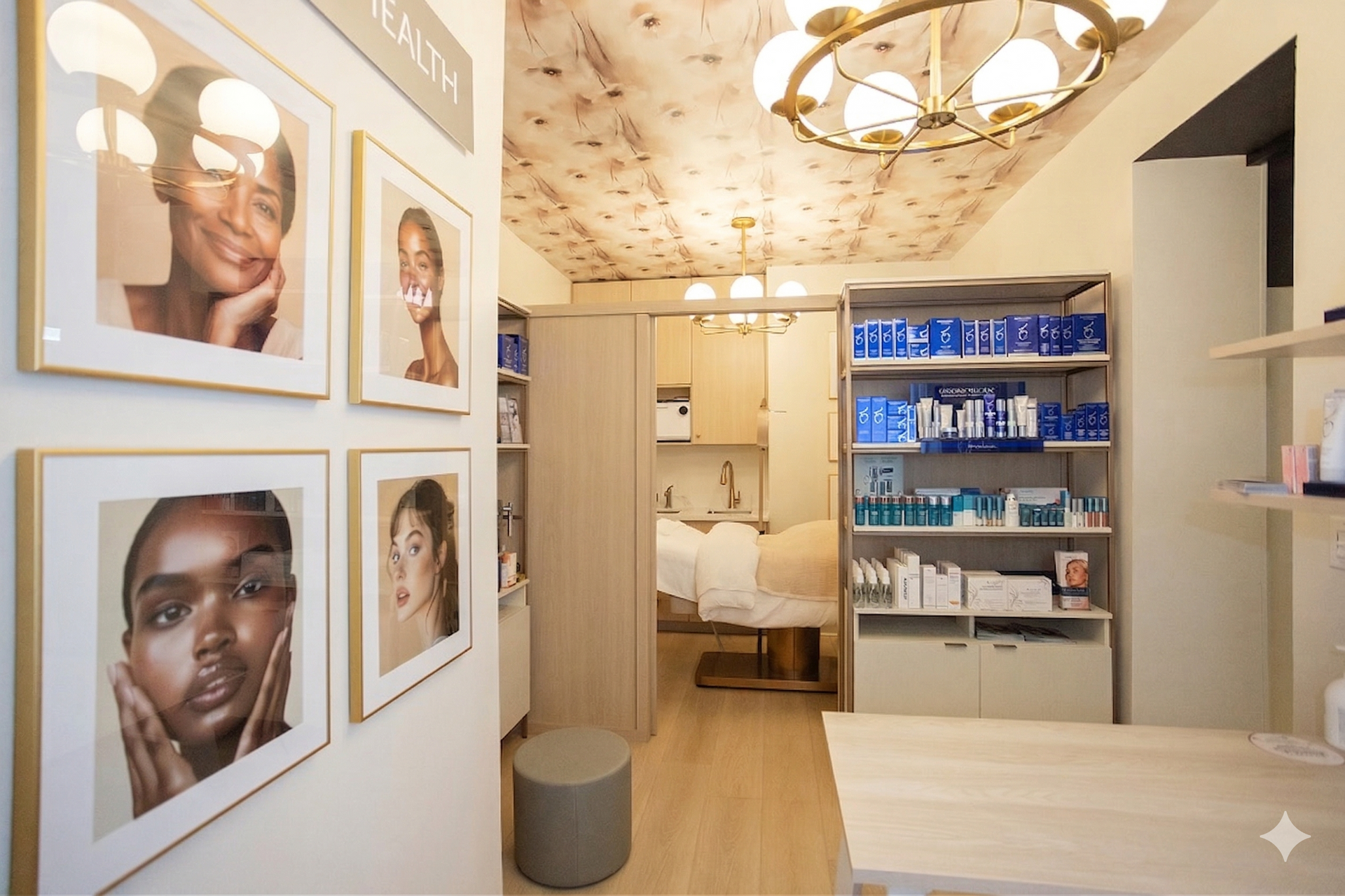 Innovative space planning in a compact wellness center showing a custom sliding partition used to maximize multi-functional square footage.