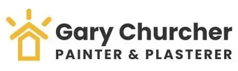 Logo for Gary Churcher Painter & plasterer: A yellow house icon with a sunburst and business name: 