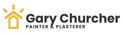 Logo of Gary Churcher, a painter and plasterer. Includes a gold house icon with sun rays.