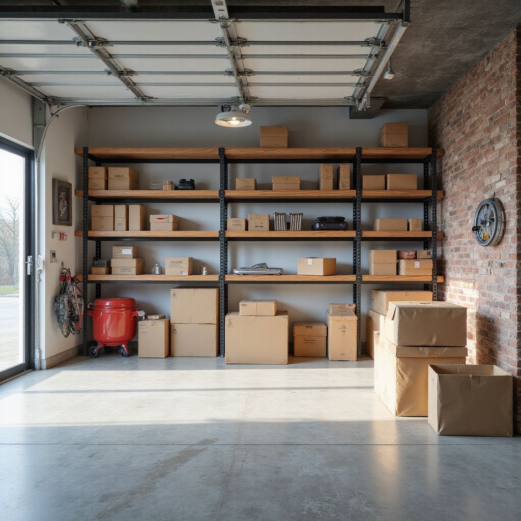 Garage interior with shelving and cardboard boxes, with a brick wall and open door.