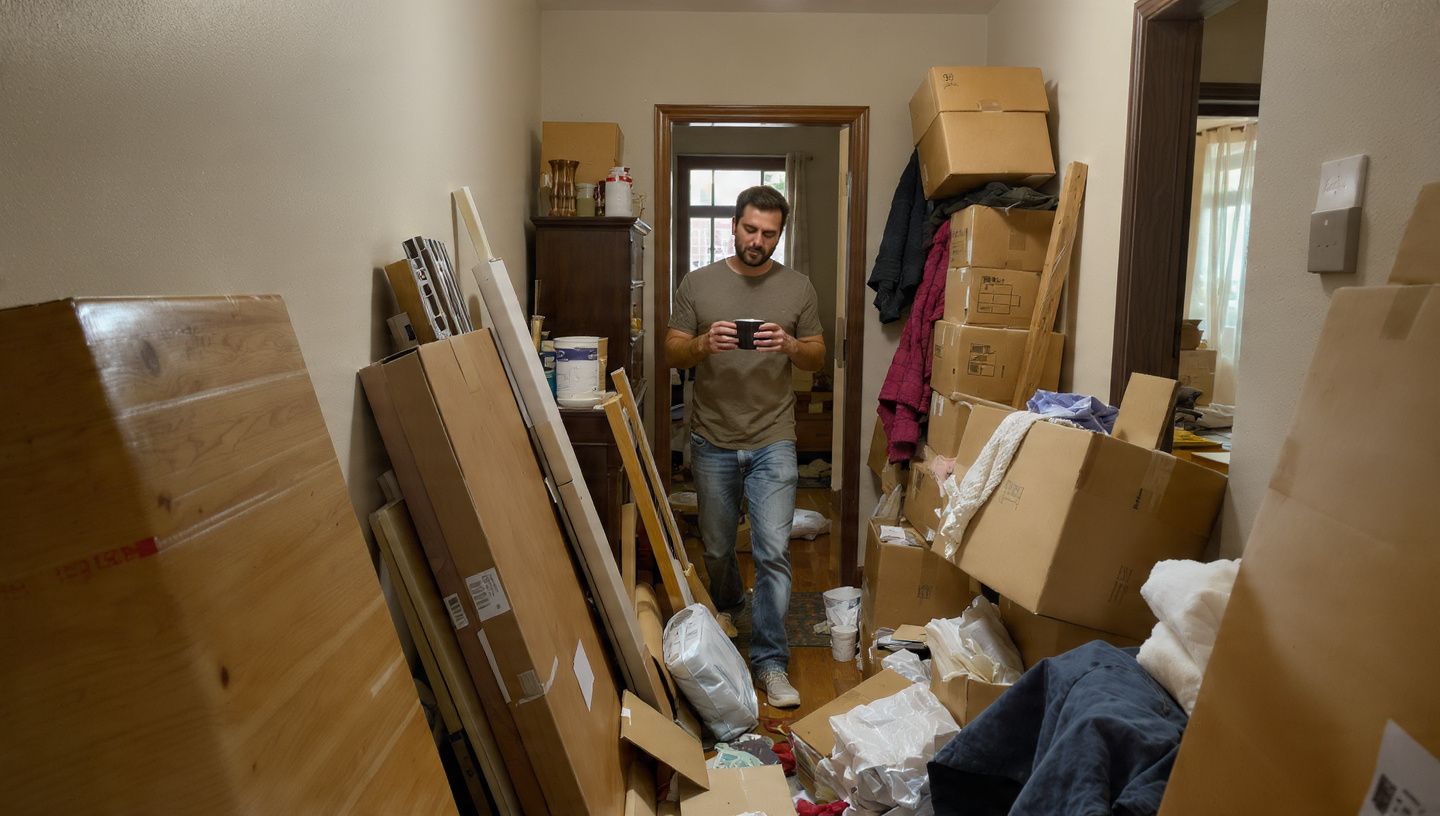 Cluttered hallway packed with moving boxes and furniture, with a man standing in the doorway.