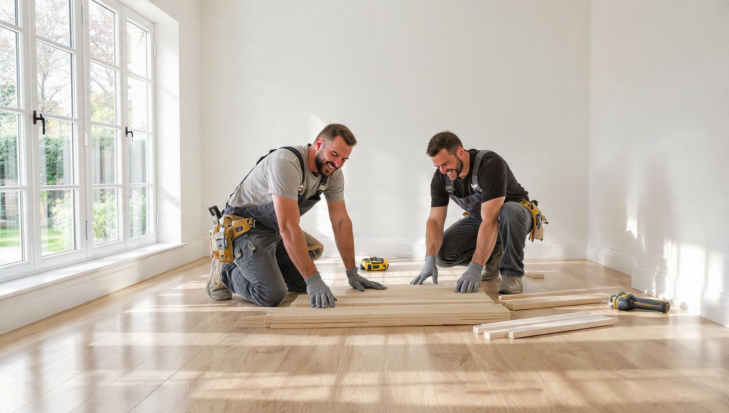 Two workers installing wooden flooring in a bright, empty room near a large window.