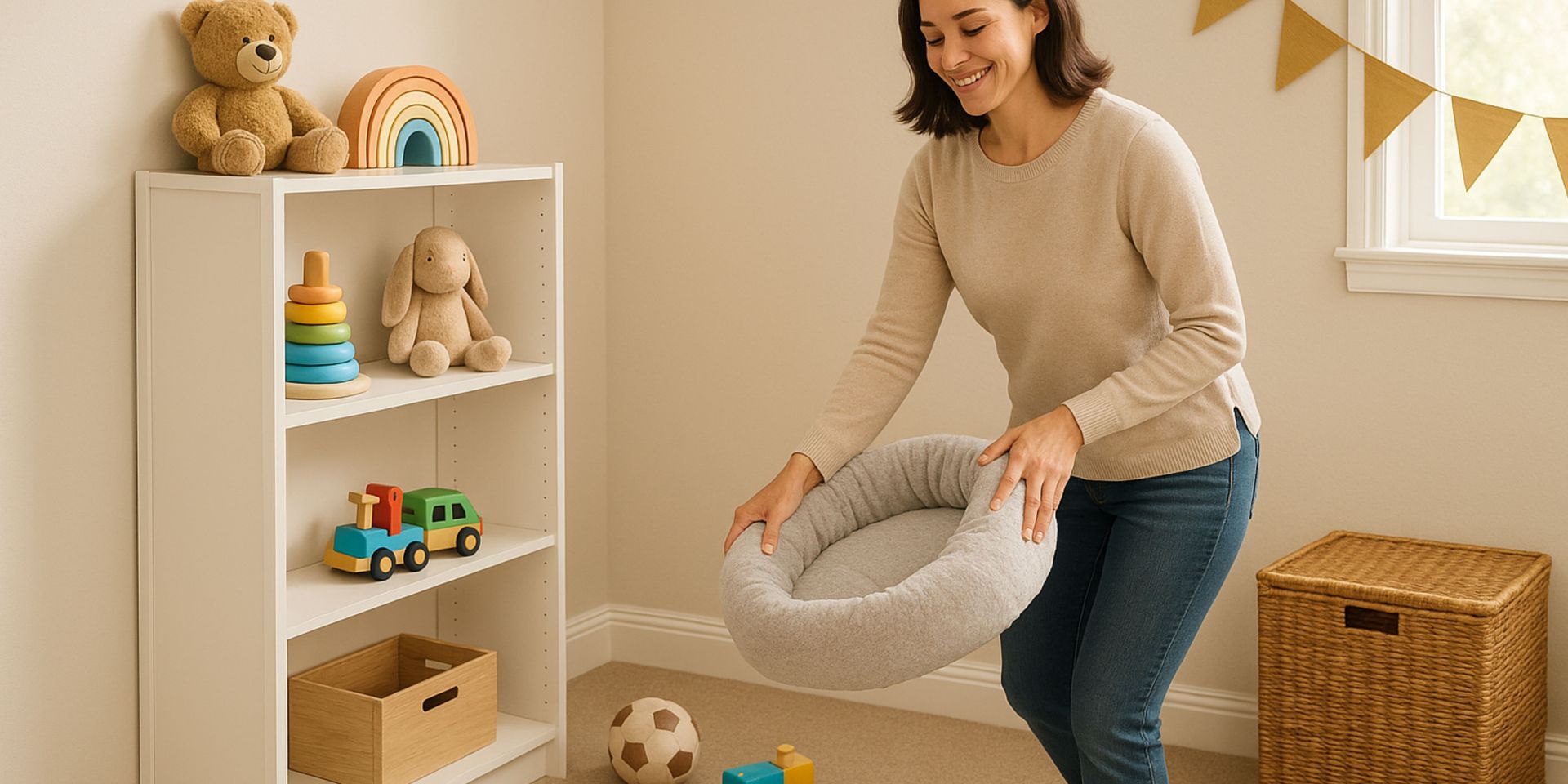 A woman is holding a dog bed in a room filled with toys.