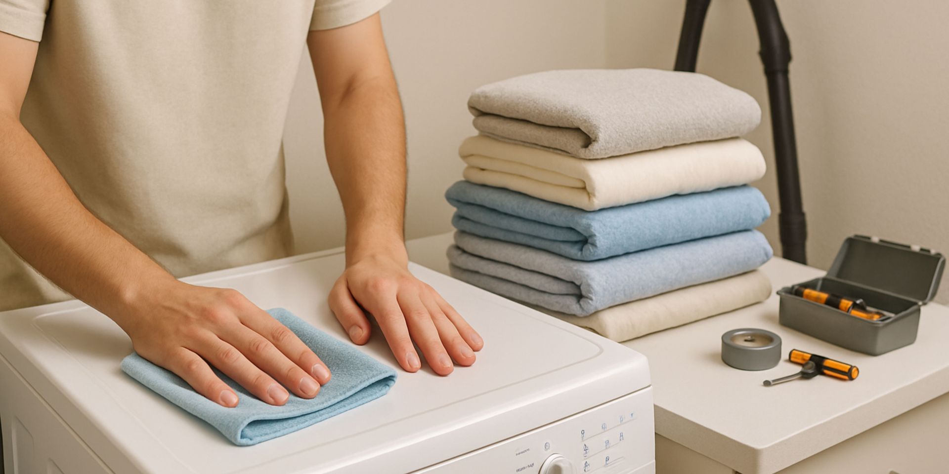 A man is cleaning a washing machine with a cloth.