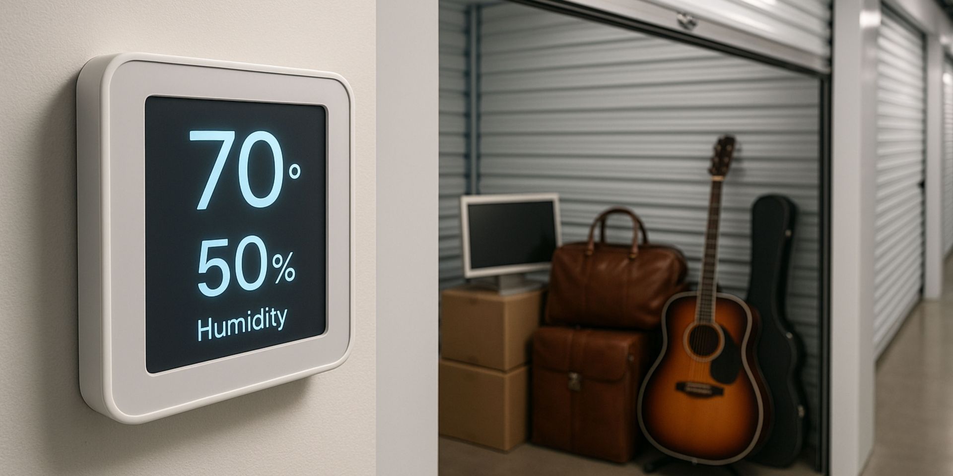 A thermostat is hanging on a wall next to a room with a guitar and a computer.