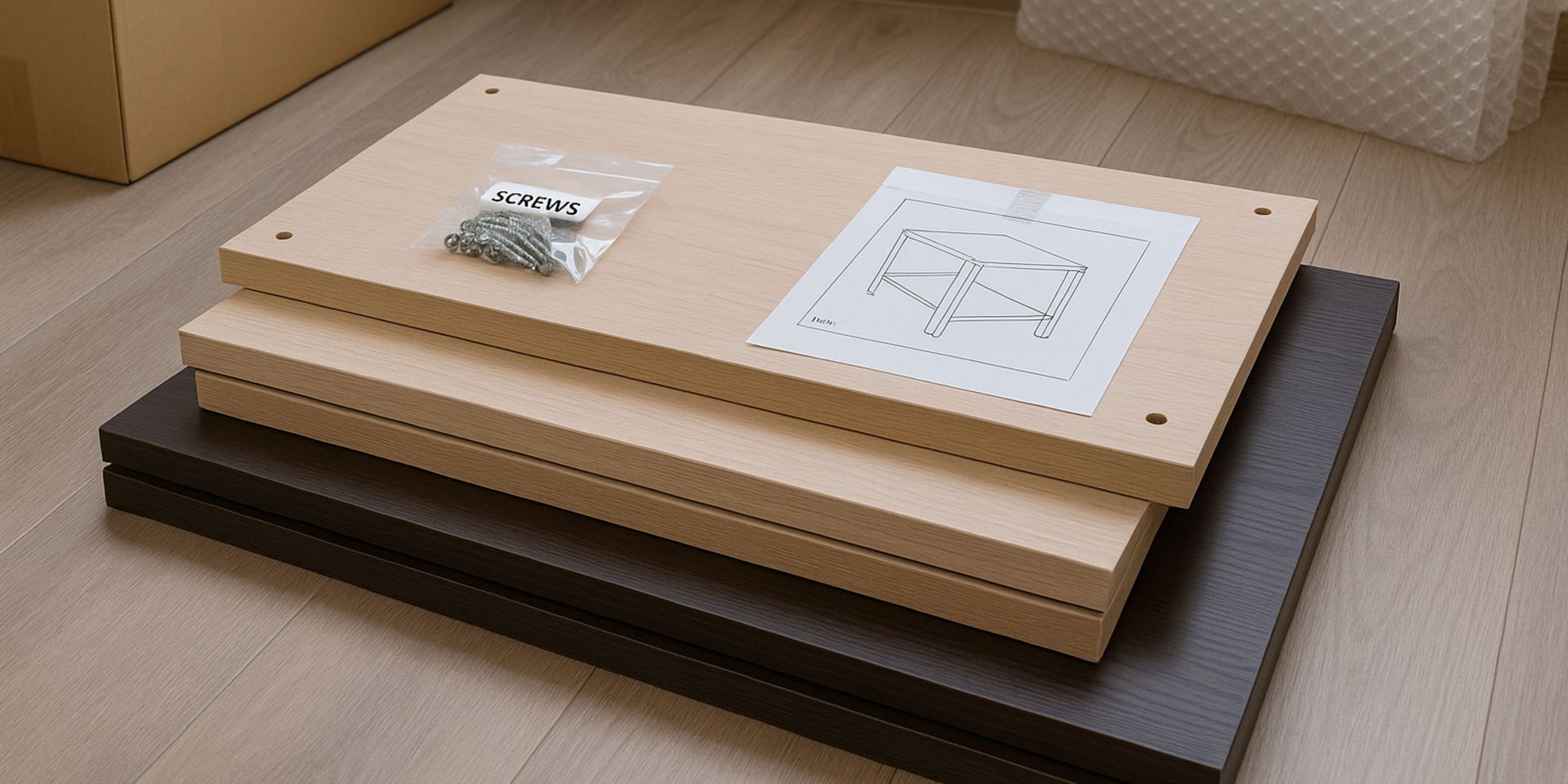 Two pieces of wood are stacked on top of each other on a wooden floor.
