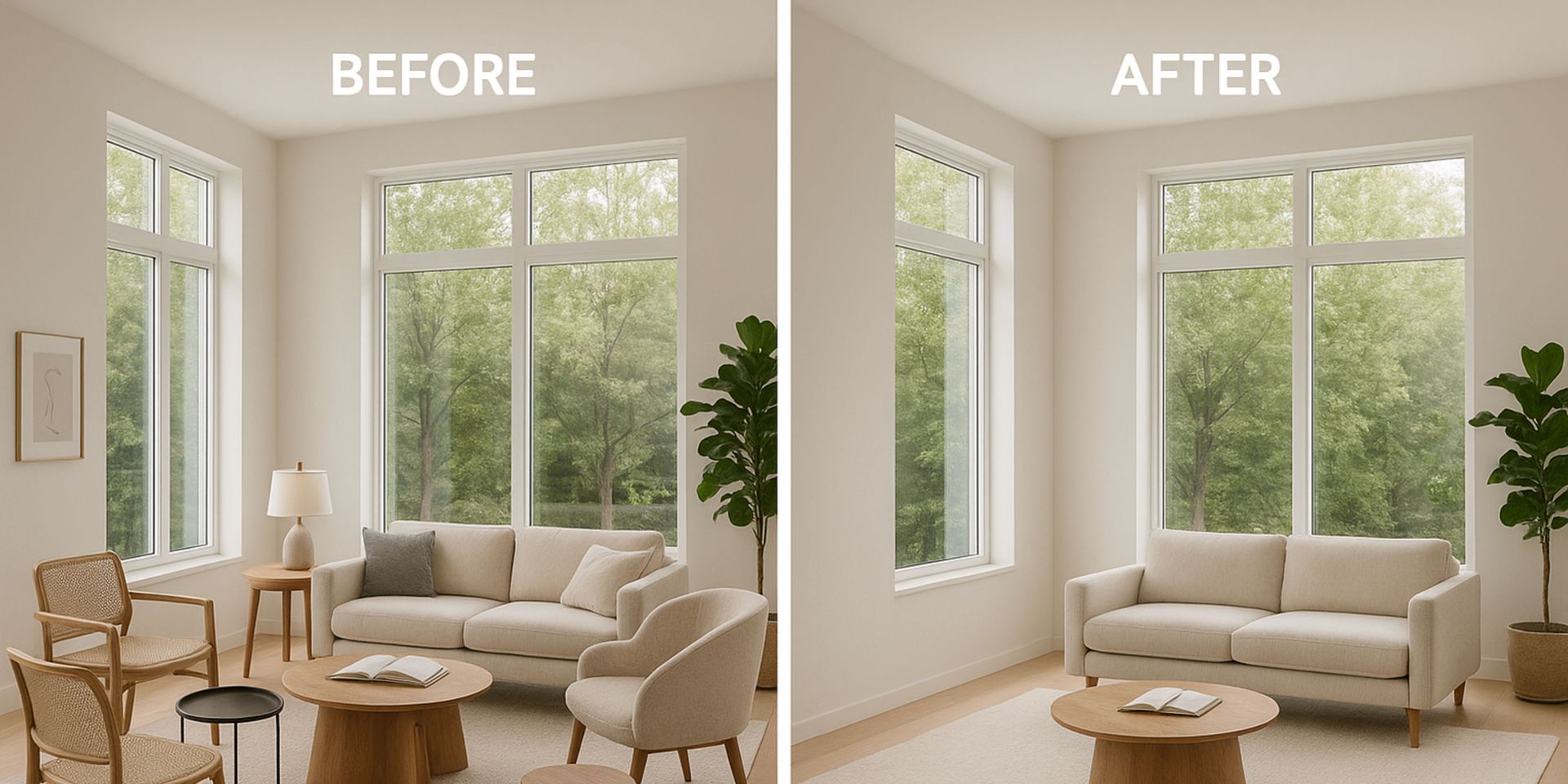 A before and after photo of a living room with a couch and chairs.