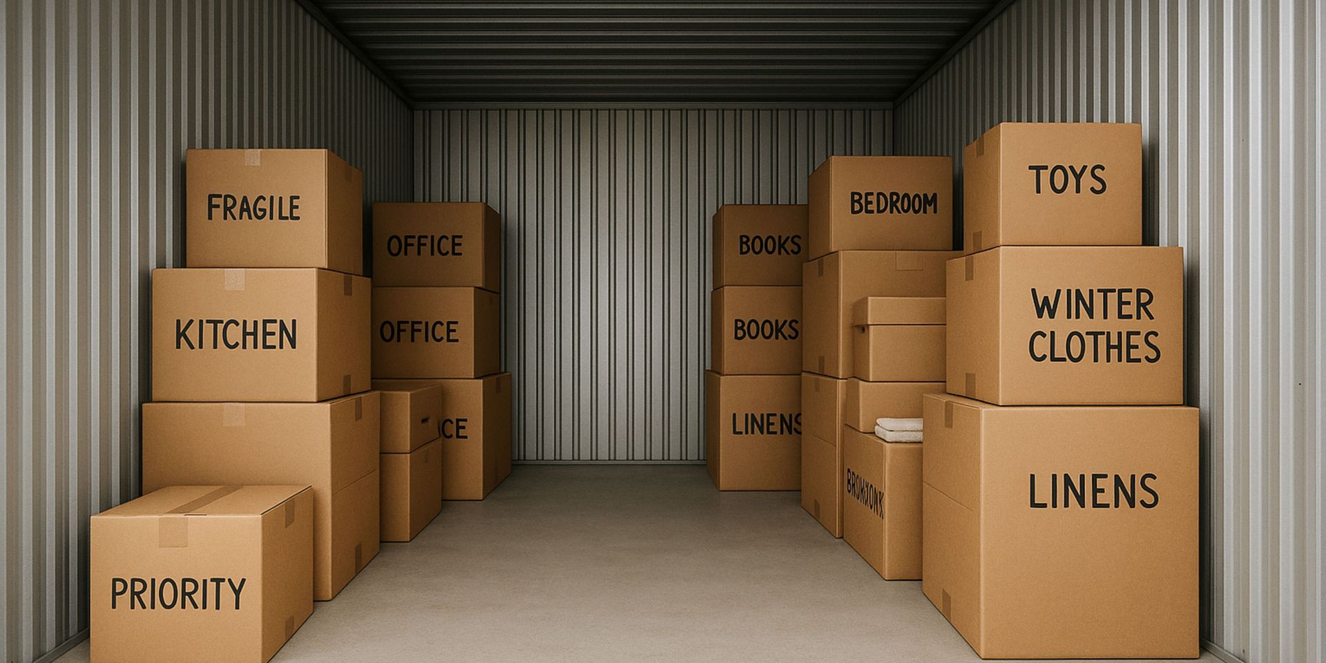 A storage container filled with cardboard boxes including kitchen clothes and linens