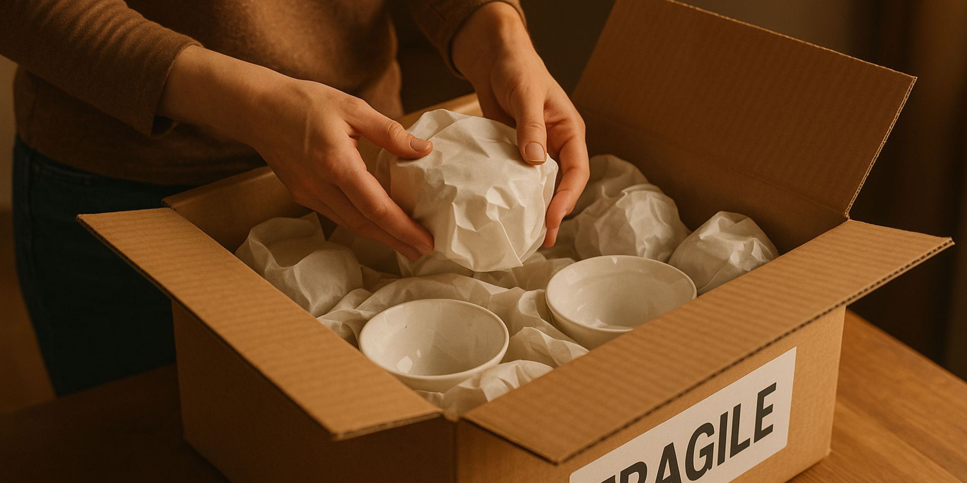 A person is putting bowls in a cardboard box.