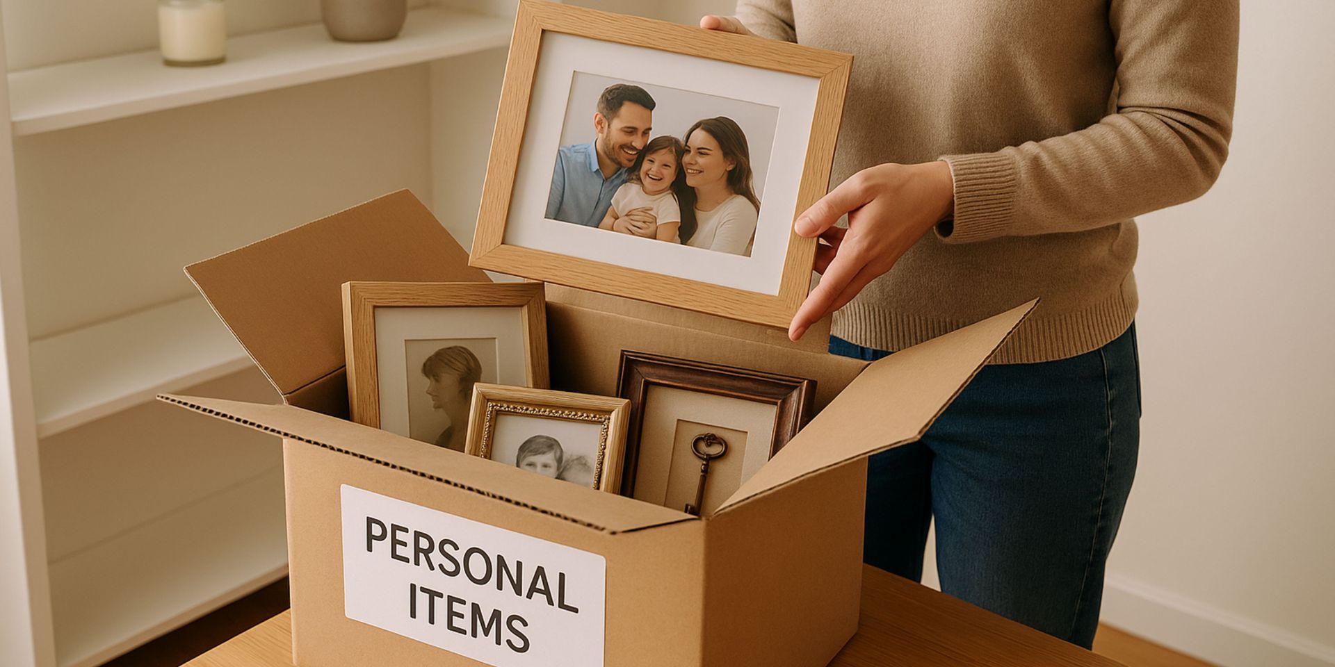A woman is holding a picture frame in front of a box of personal items.