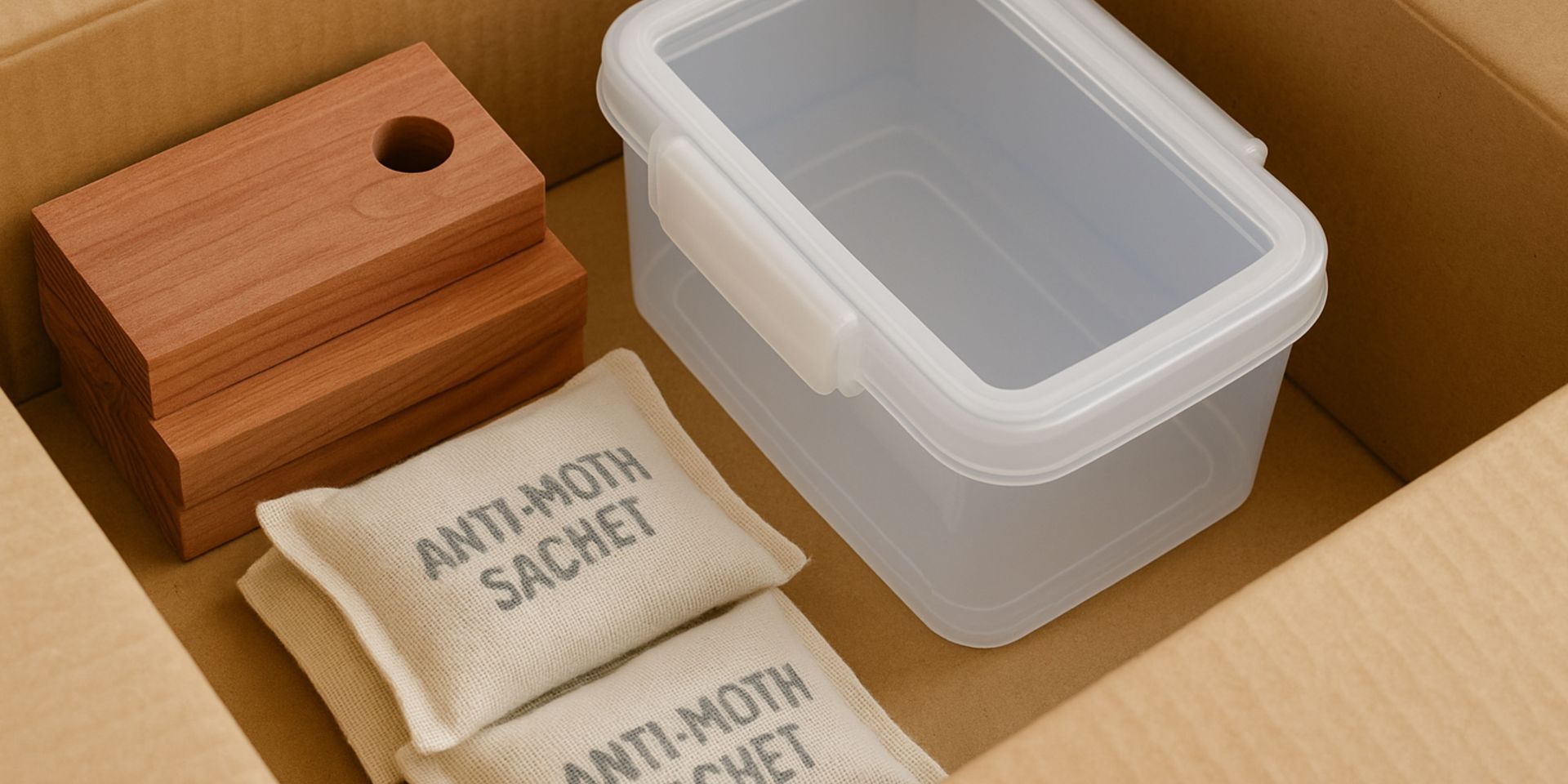 A cardboard box filled with a plastic container , anti moth sachet , and wooden blocks.