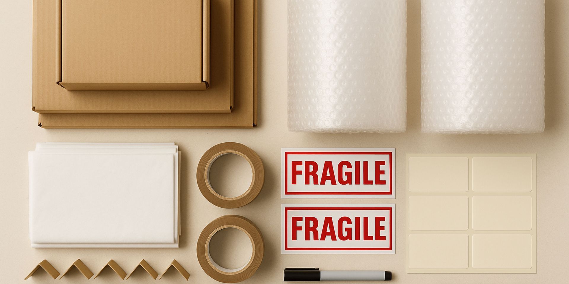 There are many different types of fragile stickers on the table.