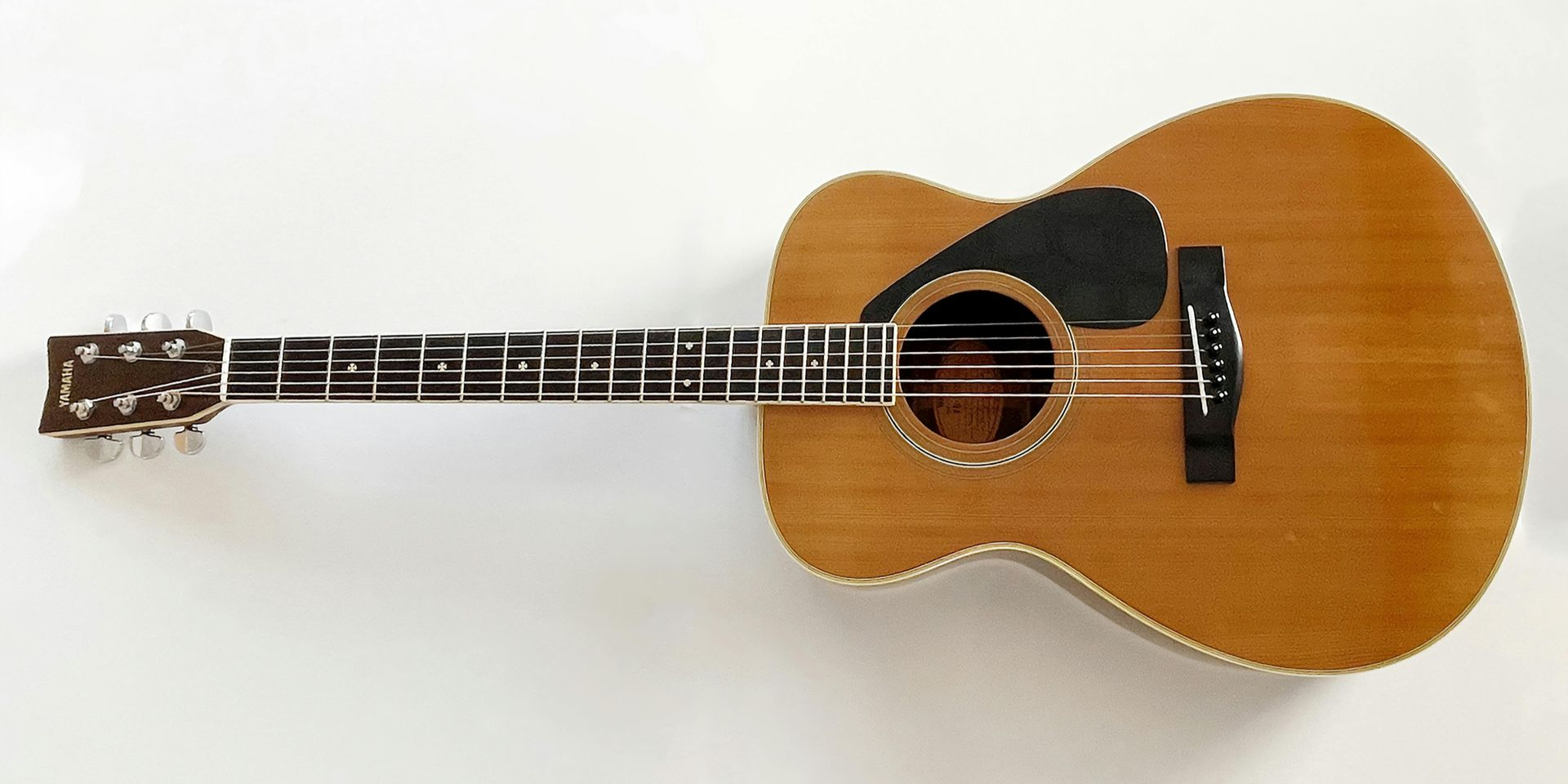 Acoustic guitar with a round body and a black pickguard.