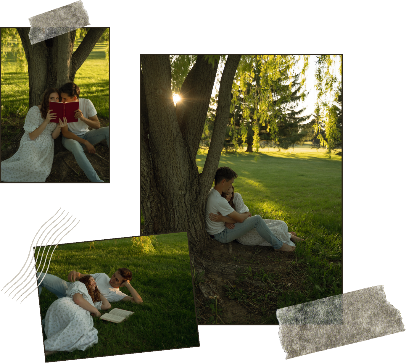 A couple sitting under a tree reading a book