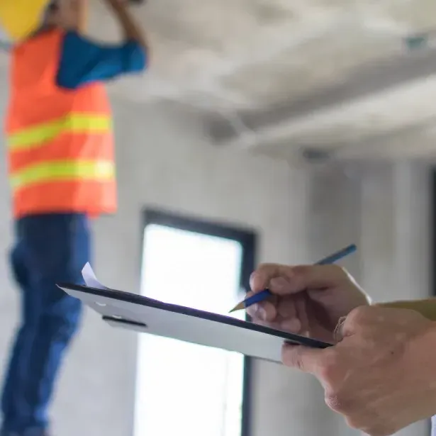 Person taking notes on a clipboard while another works on ceiling wiring; construction site setting.
