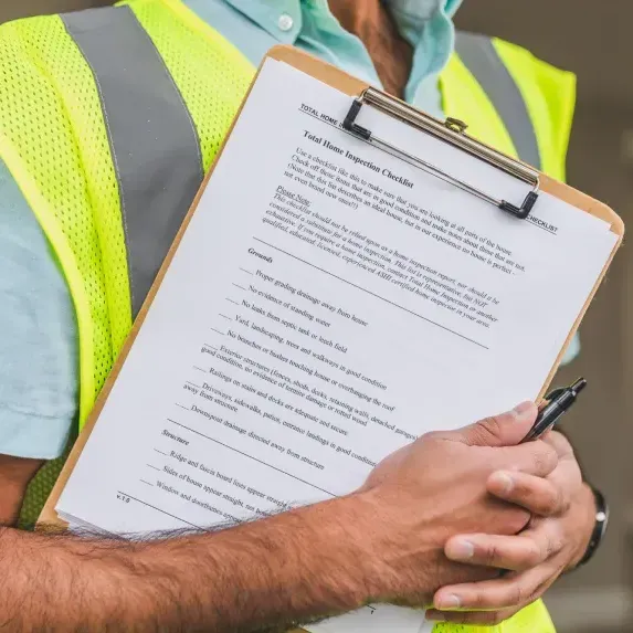 Person in reflective vest holds a clipboard with a form, pen in hand, likely conducting an inspection.