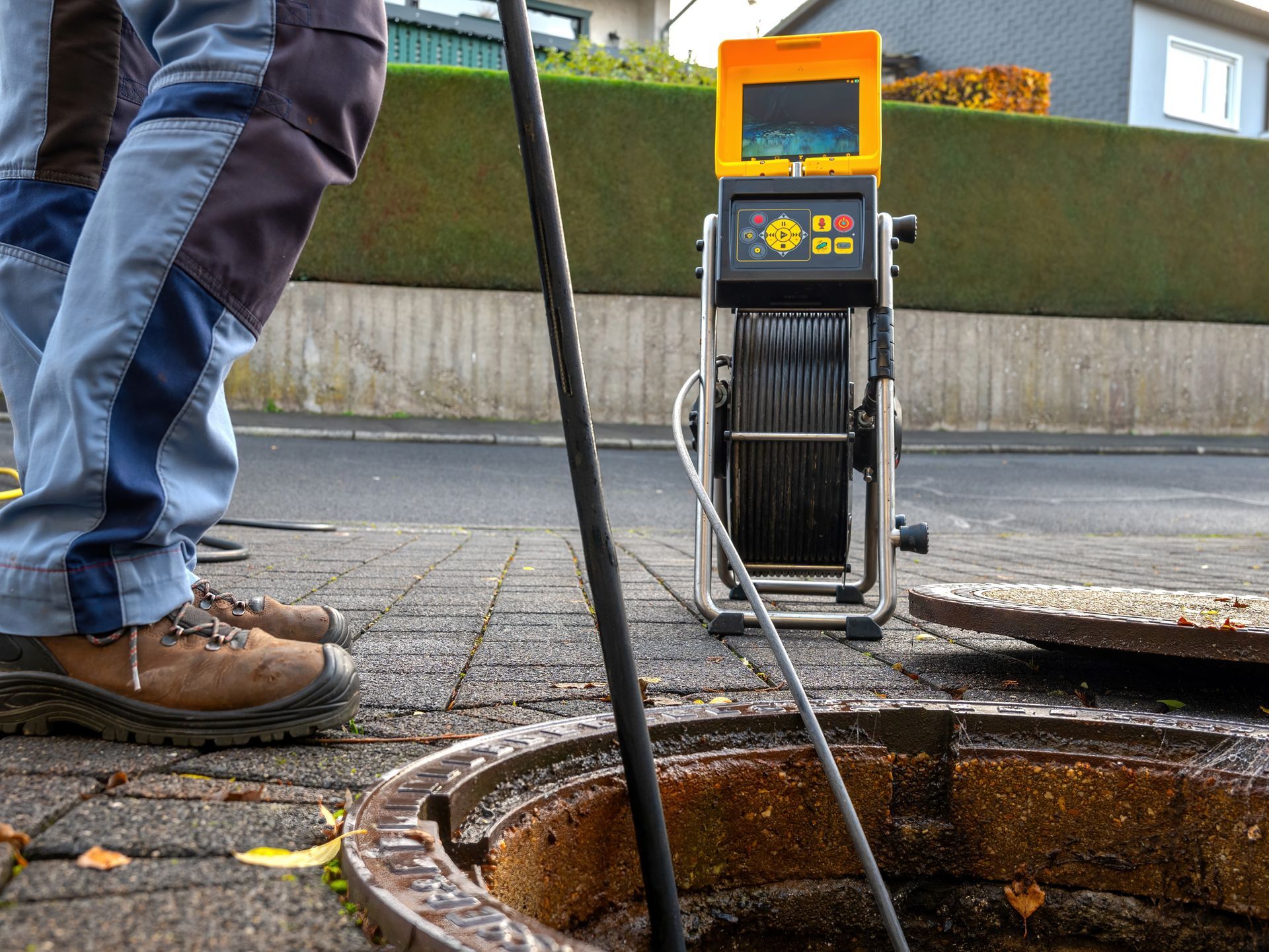 Man inspecting a sewer with a camera on a reel. The equipment sits next to an open manhole in an outdoor setting.