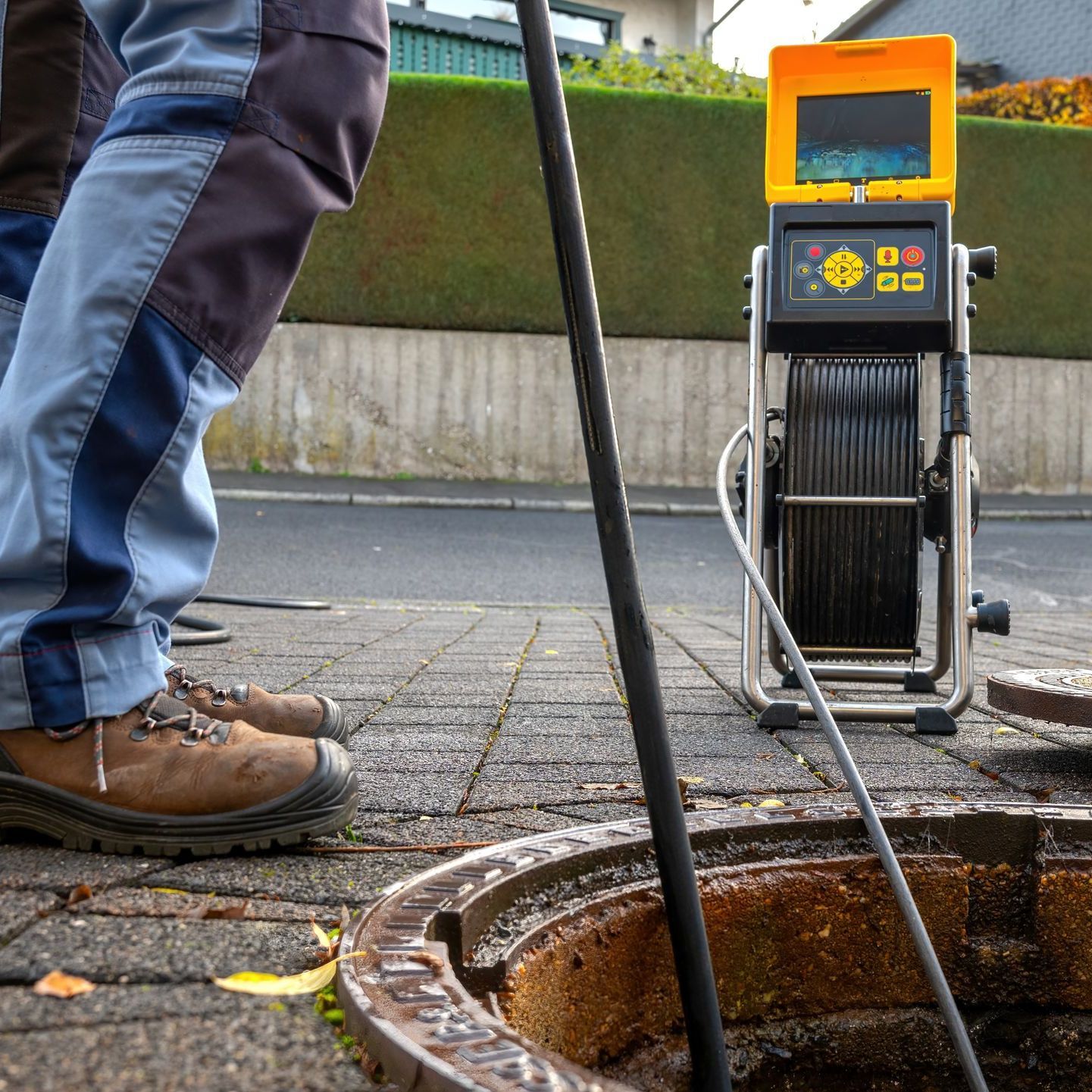 Man inspecting a sewer with a camera. A device with a monitor displays the interior; the setting is a street.