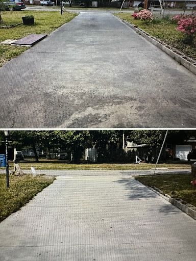 A before and after picture of a concrete driveway.