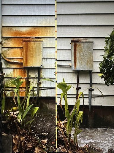 A before and after picture of a rusty electrical box on the side of a house.