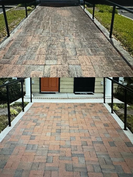A before and after photo of a brick walkway