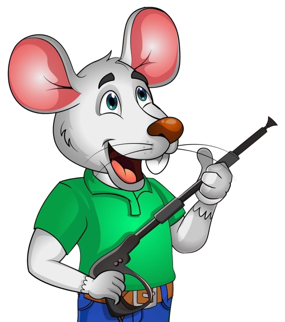 A cartoon mouse is holding a high pressure washer.