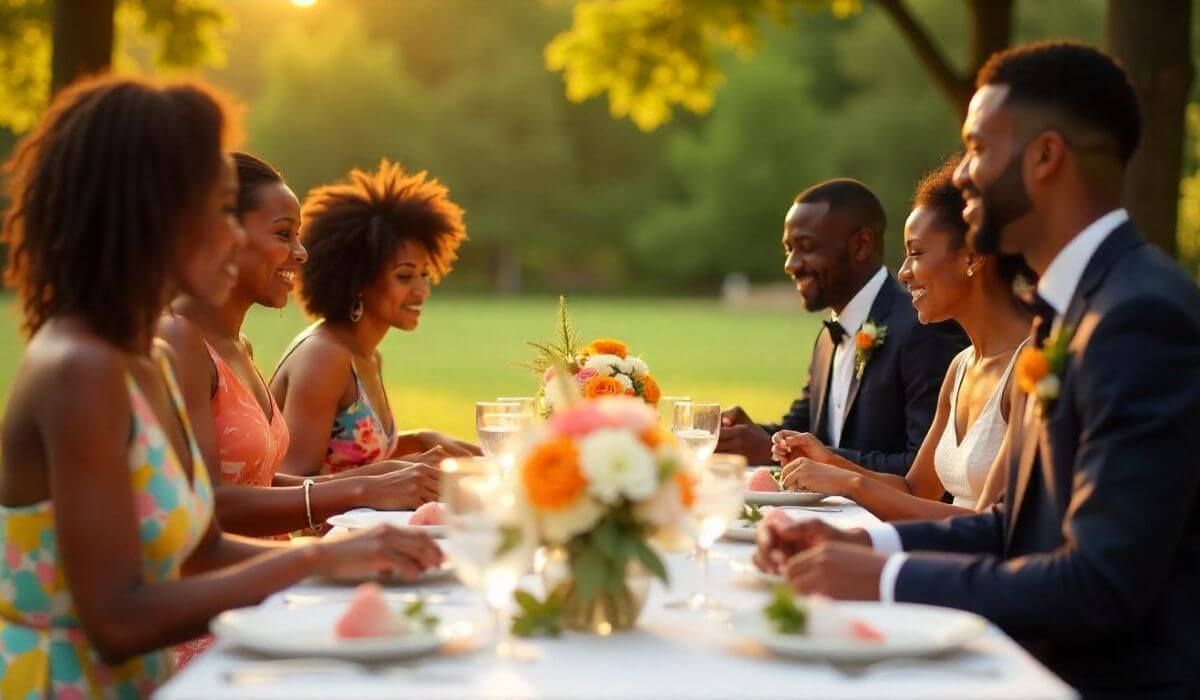 Families sharing a meal at a wedding table
