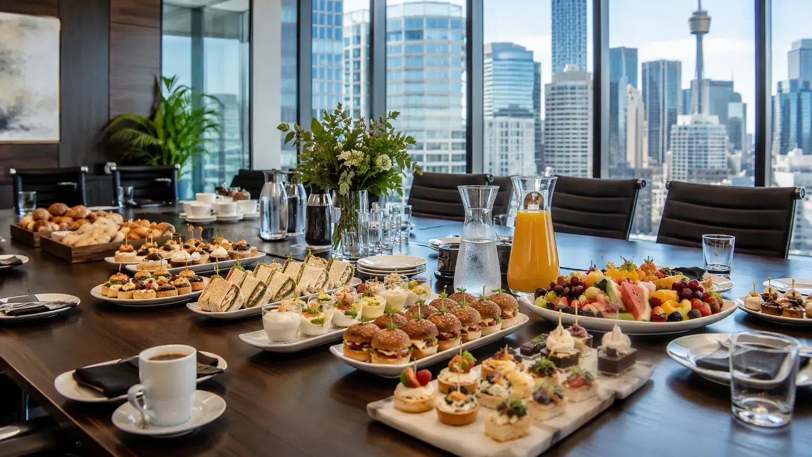 Corporate meeting catering setup with grazing table and finger food for a business event