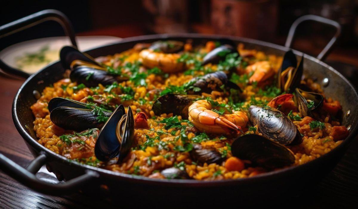 a steaming paella dish
