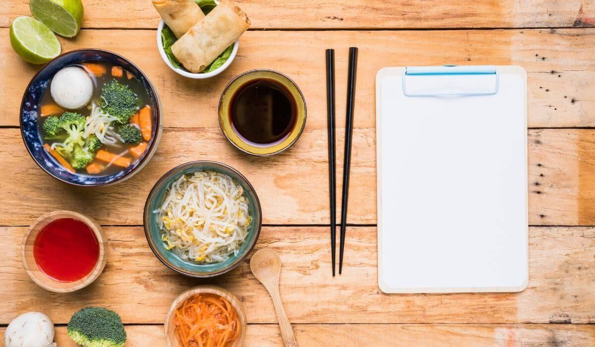 asian food table flat lay office