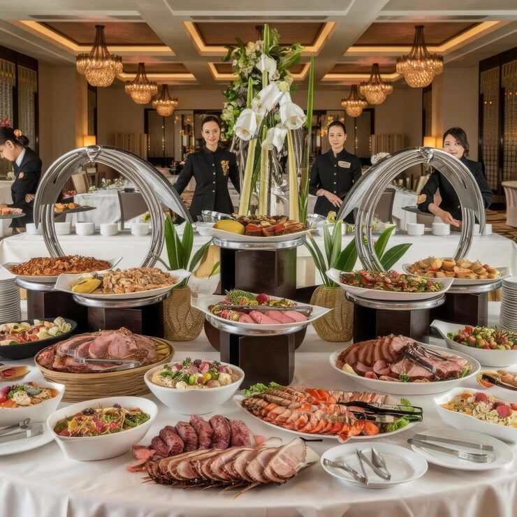 Woman's hand taking hors d'oeuvres from a table. Buffet with flowers, appetizers, and candles.